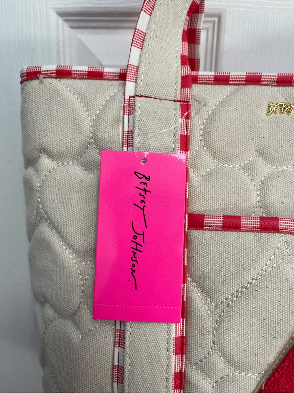 Betsey Johnson New Canvas Gingham Tote Handbag Bag Scarf Summer Spring Picnic - Picture 3 of 16